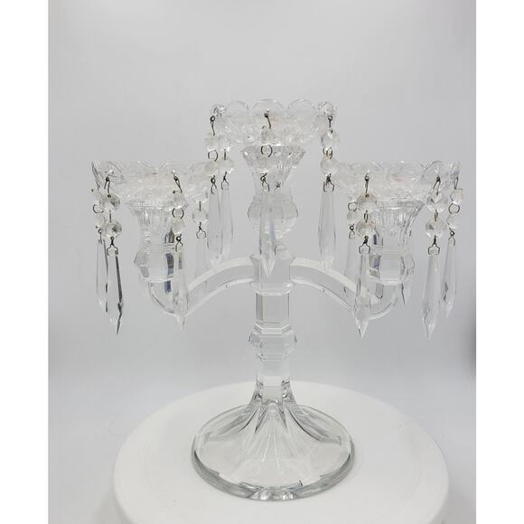 VINTAGE 3 Candle Crystal‎ Candelabra 11" Tall Bohemian Pendant Drops Fluted Base - Picture 13 of 16